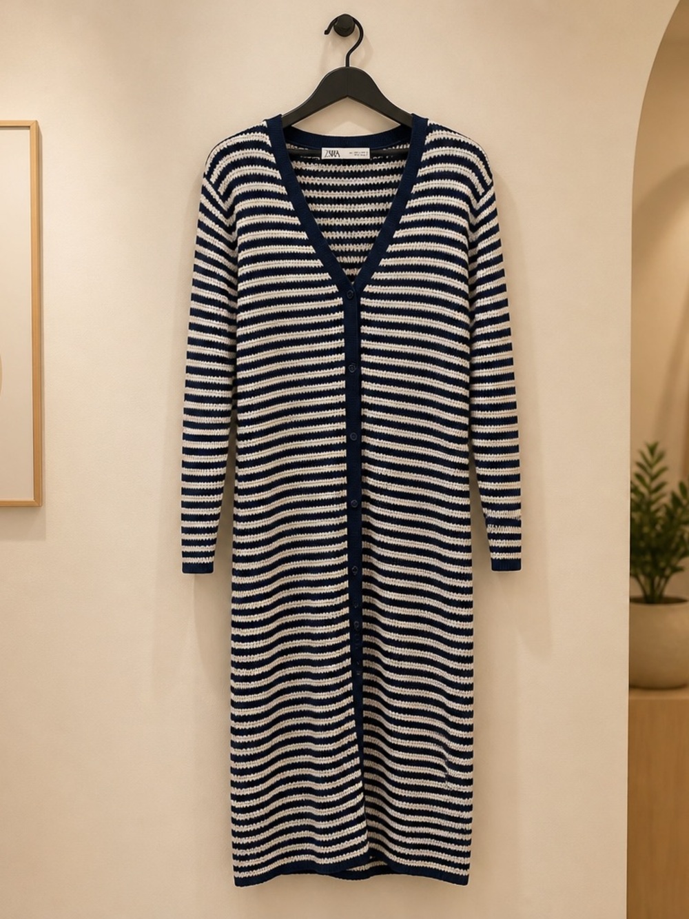 Zara Navy and White Striped V-Neck Button Cardigan Dress